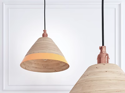 Wooden Pendant Lights with Conical Shades Orange Trim Copper Bases Against White Wall Background 3d model