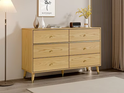 Modern Wooden Dresser With Six Drawers Decorative Vases Books Radio And Floor Lamp 3d model