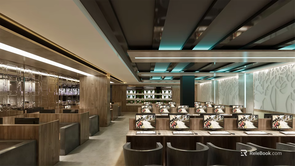 Modern Internet Cafe Interior Design With Gaming Computers Comfortable Seats And Ambient Lighting 3d model