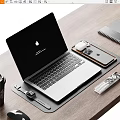 Open Apple MacBook Desktop Setup With iPhone AirPods Apple Watch On Wooden Desk