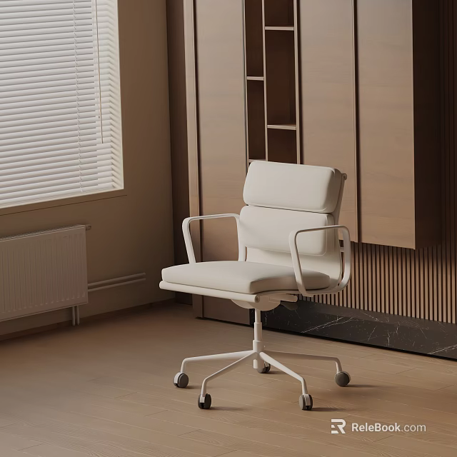 White Sleek Office Chair With Padded Seat Armrests Wheels In Modern Wooden Interior 3d model 