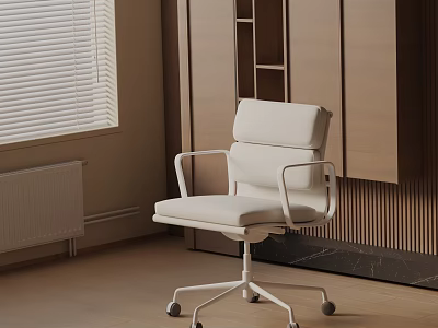 White Sleek Office Chair With Padded Seat Armrests Wheels In Modern Wooden Interior 3d model