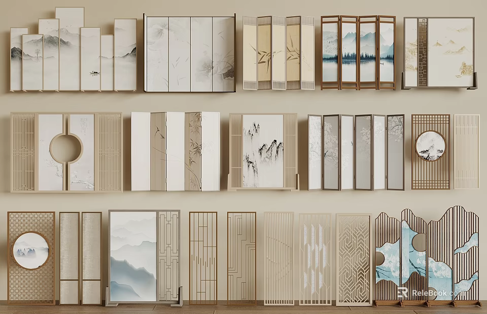 Various Traditional And Modern Chinese Screen Designs With Artistic Patterns And Carved Frames 3d model 