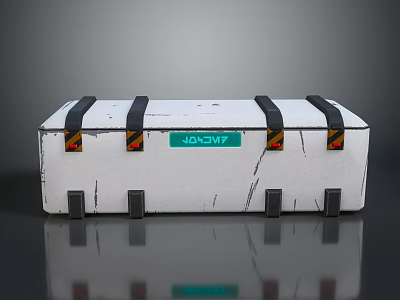 White Storage Box With Black Straps Yellow Black Warning Signs And Green Anchor Label 3d model