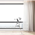 White and Beige Curtains by Window with City View Wooden Floor Green Plant Tripod Camera
