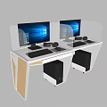 Modern Office Desks With Computer Monitors Keyboards Mice Headphones And Transparent Dividers