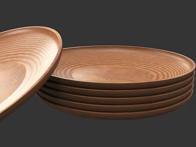 Stacked Brown Wooden Round Plates As Stylish Kitchenware With Wood Grain 3d model