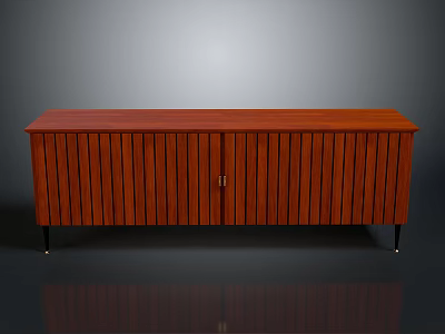 Red Wooden TV Stand with Vertical Slat Design and Metal Handle on Black Slender Legs 3d model