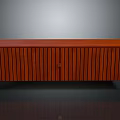 Red Wooden TV Stand with Vertical Slat Design and Metal Handle on Black Slender Legs