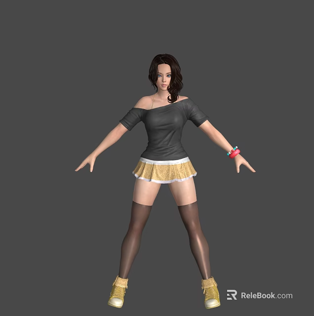 Stylish Woman In Black Off Shoulder Top And Gold Pleated Skirt 3d model 