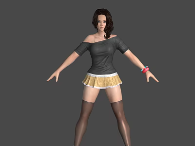 Stylish Woman In Black Off Shoulder Top And Gold Pleated Skirt 3d model