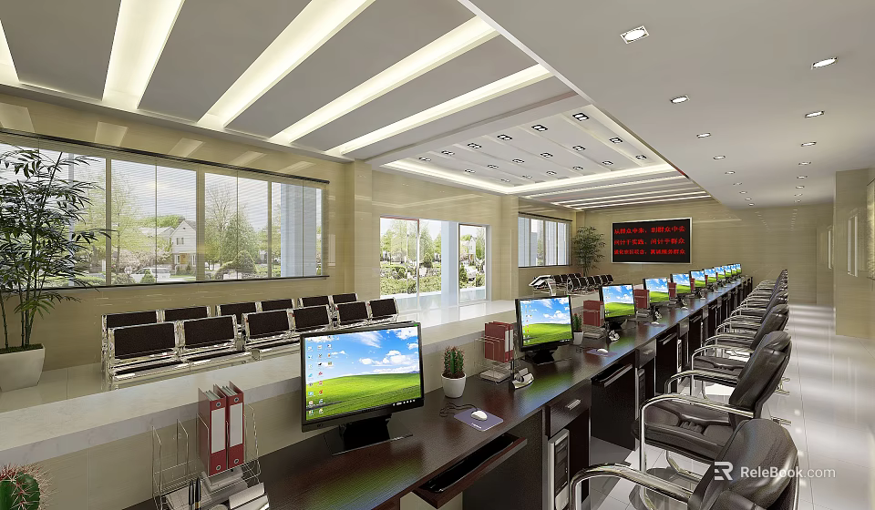 Efficient Service Hall With Long Desks Computers Chairs And Digital Display Windows 3d model 