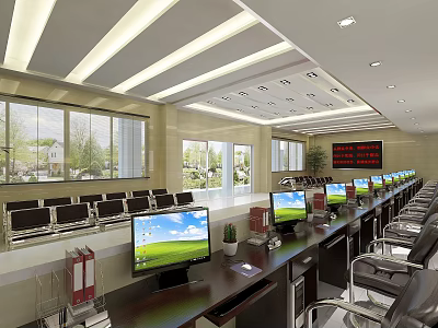Efficient Service Hall With Long Desks Computers Chairs And Digital Display Windows 3d model