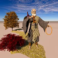 Man Carrying Bundle With Cow Near Trees On Sandy Ground Under Blue Sky