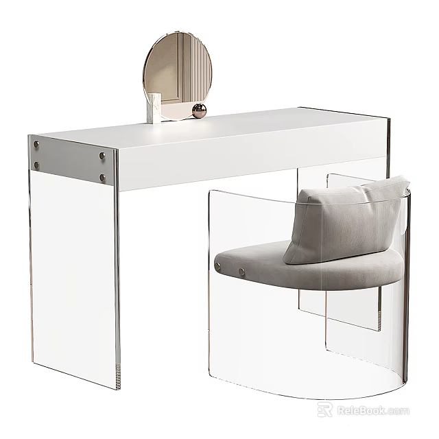 Modern Dressing Table Interior Design With Transparent Acrylic Frame White Tabletop And Round Mirror 3d model 