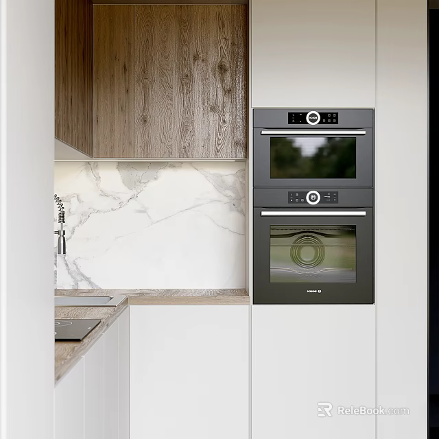 Modern Kitchen With Built In Double Ovens Marble Countertop And Wooden Cabinets 3d model 