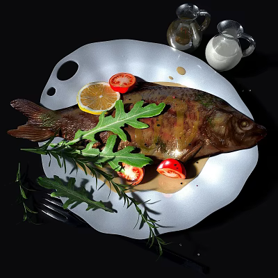 Roasted Whole Fish on White Plate with Lemon Slice Cherry Tomatoes Arugula Rosemary and Sauce 3d model