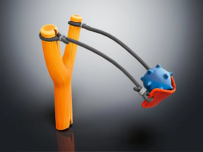 Colorful Handheld Slingshot With Orange Y Frame Black Elastic Bands Blue Projectile And Red Grip 3d model