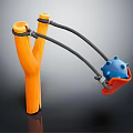 Colorful Handheld Slingshot With Orange Y Frame Black Elastic Bands Blue Projectile And Red Grip