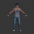 Man Wearing Blue Hat Gray Tank Top Jeans And Gloves Standing Pose