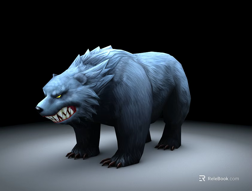 Ferocious Blue Fur Bear 3D Model with Sharp Teeth Standing on Dark Gray Background 3d model