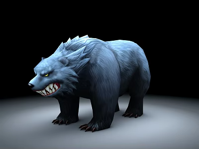 Ferocious Blue Fur Bear 3D Model with Sharp Teeth Standing on Dark Gray Background 3d model