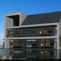 Modern Detached Villa With White Exterior Gray Roof Large Windows Front Water Feature And Greenery