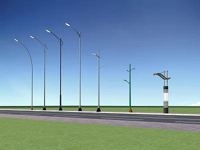 Variety of Outdoor Street Lights Along Roadside with Green Grass and Blue Sky 3d model