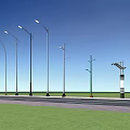 Variety of Outdoor Street Lights Along Roadside with Green Grass and Blue Sky