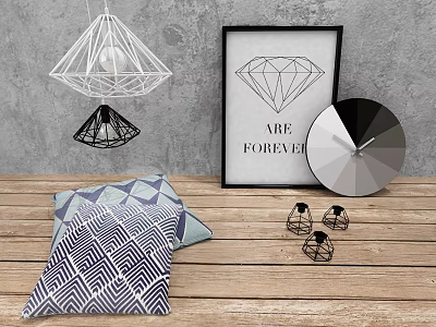 Geometric Decorative Ornament Set With Pendant Lights Wall Art Color Wheel And Cushions 3d model