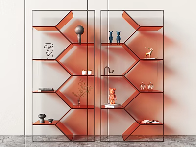 Modern Orange Bookshelf Design with Geometric Shelves and Decorative Figurines Vases 3d model