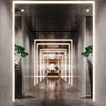 Modern Elevator Lobby Interior With Mirror Walls LED Lights Circular Art And Decorative Sculptures