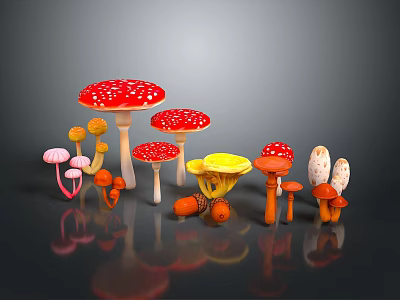 Colorful Mushroom Collection With Red White Spots Yellow Pink And Orange Varieties 3d model