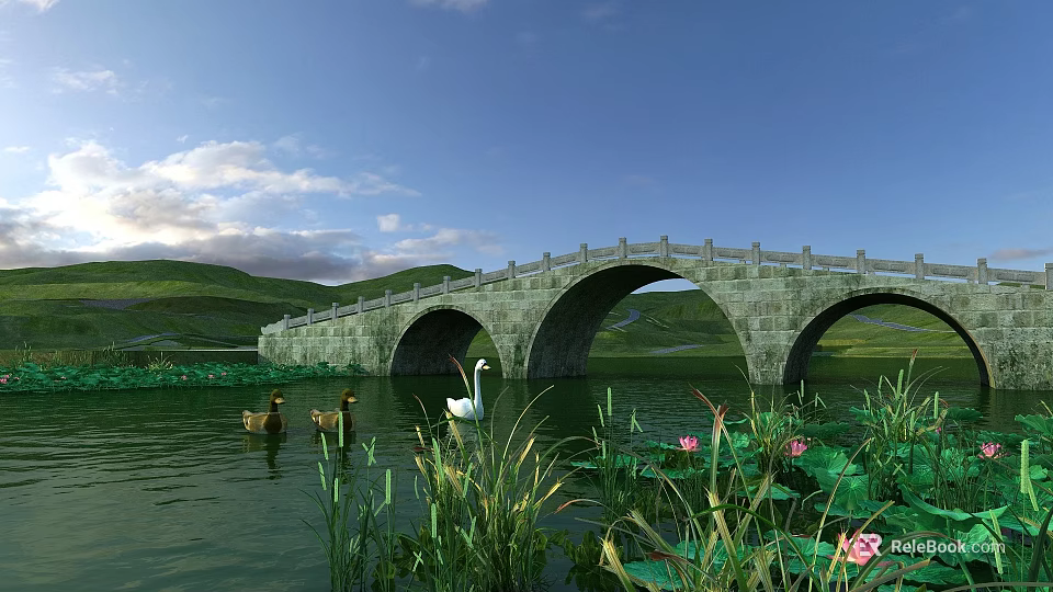 Scenic Stone Arch Bridge Featuring Ducks Swan Lotus Grass And Blue Sky 3d model 