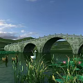 Scenic Stone Arch Bridge Featuring Ducks Swan Lotus Grass And Blue Sky