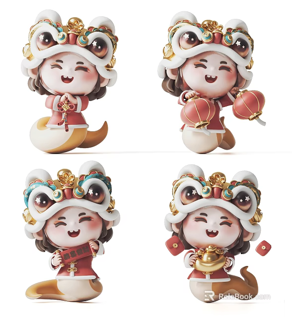Cute Girl Sculpture Carvings With Lion Head Hats Holding Festive Lanterns Red Envelopes Gold 3d model 