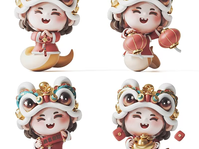 Cute Girl Sculpture Carvings With Lion Head Hats Holding Festive Lanterns Red Envelopes Gold 3d model