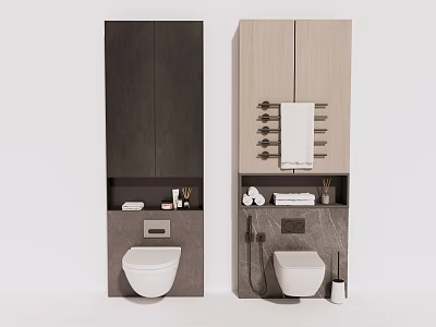 Modern Bathroom Toilet Design With Dark And Light Cabinets Towel Rack And Toiletries 3d model