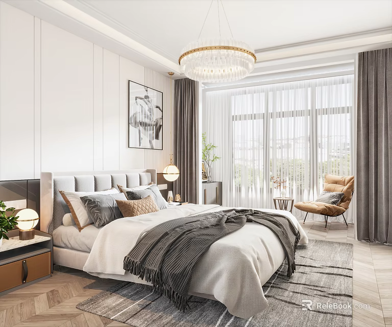 Modern Bedroom Interior With Upholstered Bedhead Crystal Chandelier Throw Pillows And Grey Curtains 3d model 