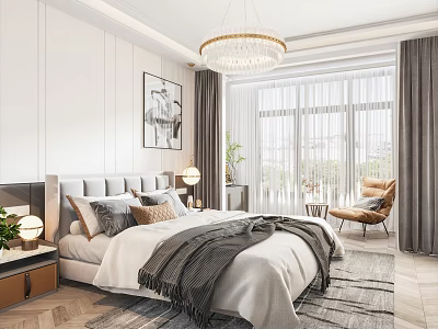 Modern Bedroom Interior With Upholstered Bedhead Crystal Chandelier Throw Pillows And Grey Curtains 3d model