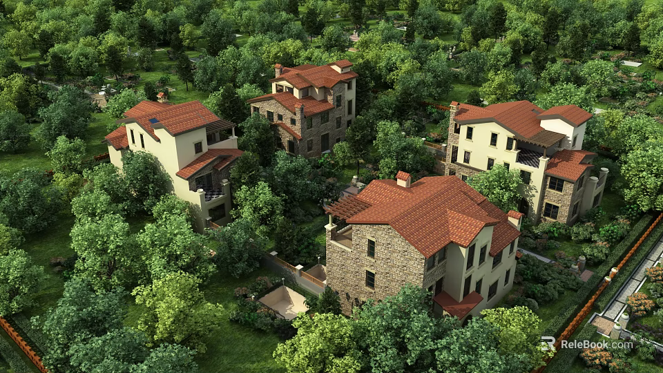 Scenic Detached Villas Surrounded By Lush Green Trees And Red Tiled Roofs 3d model 