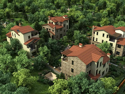 Scenic Detached Villas Surrounded By Lush Green Trees And Red Tiled Roofs 3d model