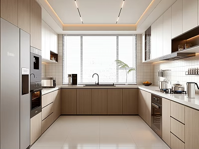 Modern Kitchen Interior With Wooden Cabinets Marble Countertops Large Windows And Stainless Steel Appliances 3d model