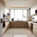 Modern Kitchen Interior With Wooden Cabinets Marble Countertops Large Windows And Stainless Steel Appliances