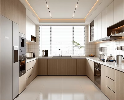 Modern Kitchen Interior With Wooden Cabinets Marble Countertops Large Windows And Stainless Steel Appliances 3d model