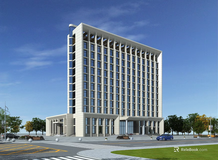 Modern Office Building Exterior with Large Windows Entrance Surrounding Trees and Parking Area 3d model 