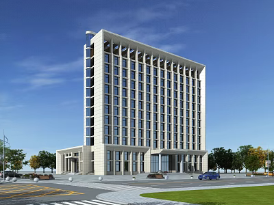 Modern Office Building Exterior with Large Windows Entrance Surrounding Trees and Parking Area 3d model