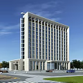 Modern Office Building Exterior with Large Windows Entrance Surrounding Trees and Parking Area