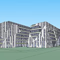 Modern Office Building With Glass Curtain Walls Unique Geometric Design and Green Accents