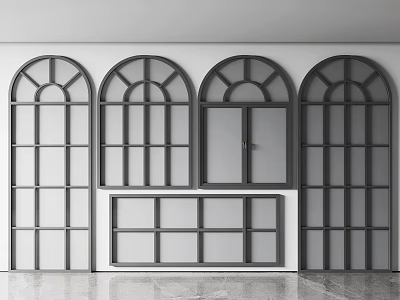 Modern Interior With Arched Floor To Ceiling Windows And Black Frames 3d model